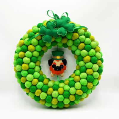 Saint Patricks Day felt ball wreath with leprechaun pug