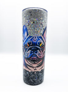 french bulldog tattoo inspired black and silver glitter tumbler