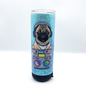 bluetooth speaker tumbler with pug in headphones with boombox