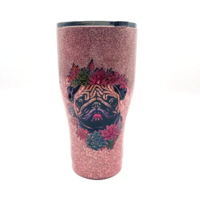 30oz rose gold pug with succulents glitter tumbler