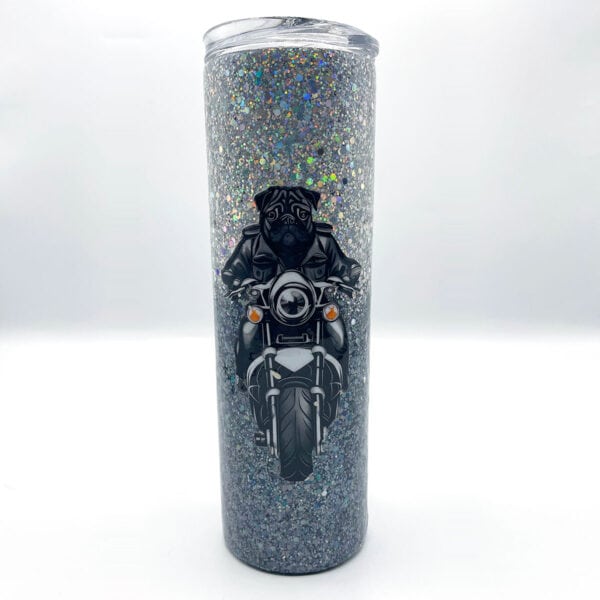 black and silver pug on motorcycle glitter tumbler