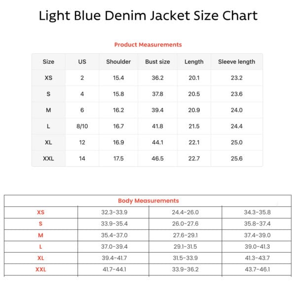 light denim jacket size chart