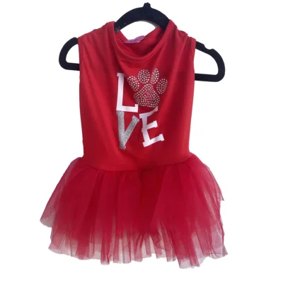LOVE Pawprint Dog Tutu Dress Red With White & Red Rhinestones